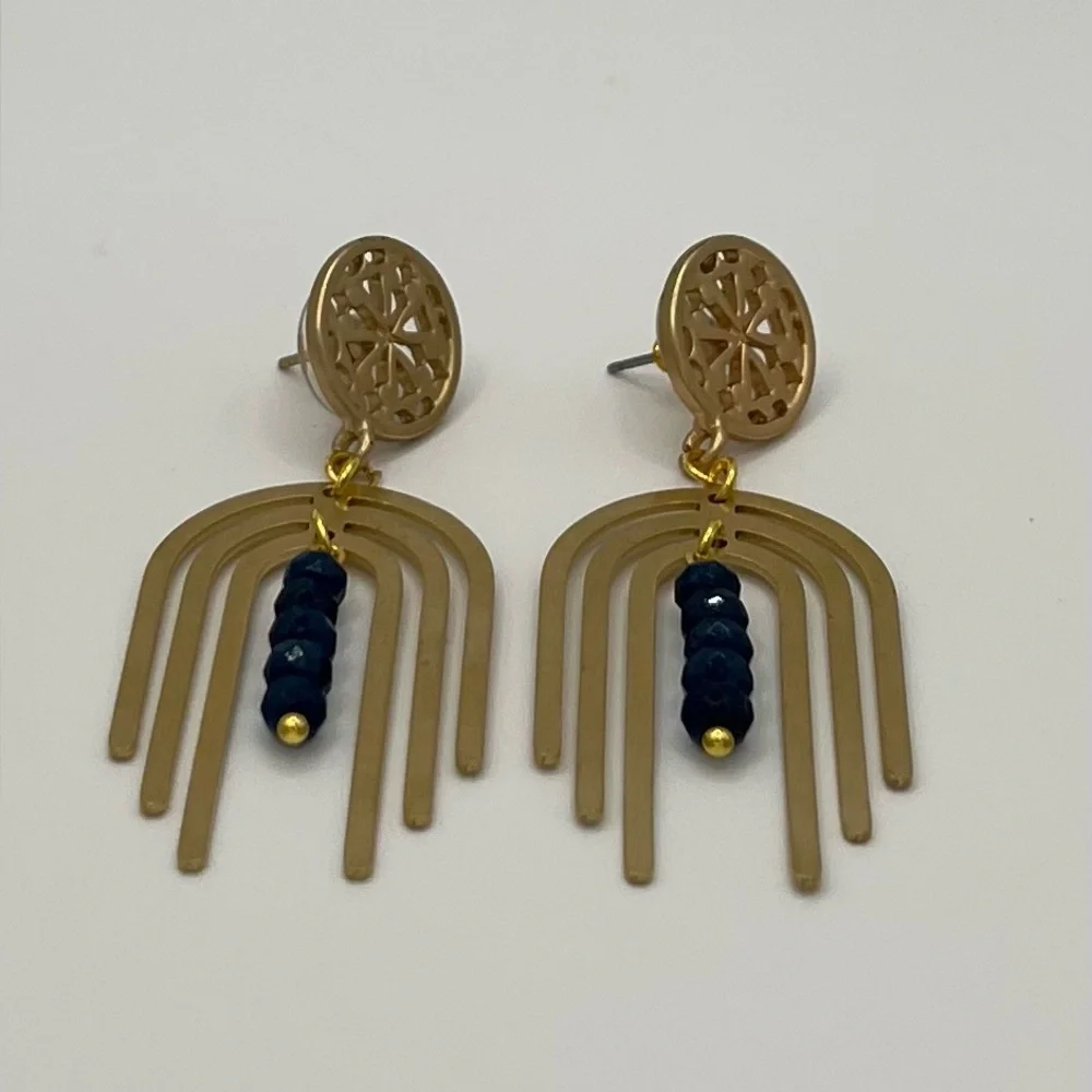 Gold Arch Dangle Earrings with Iolite Beads - Picture 2 of 3
